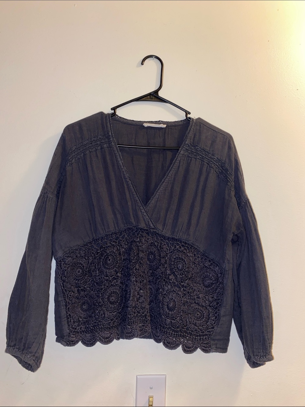 Lucky Brand Charcoal Black Crochet Lace Gauze Blouse XS